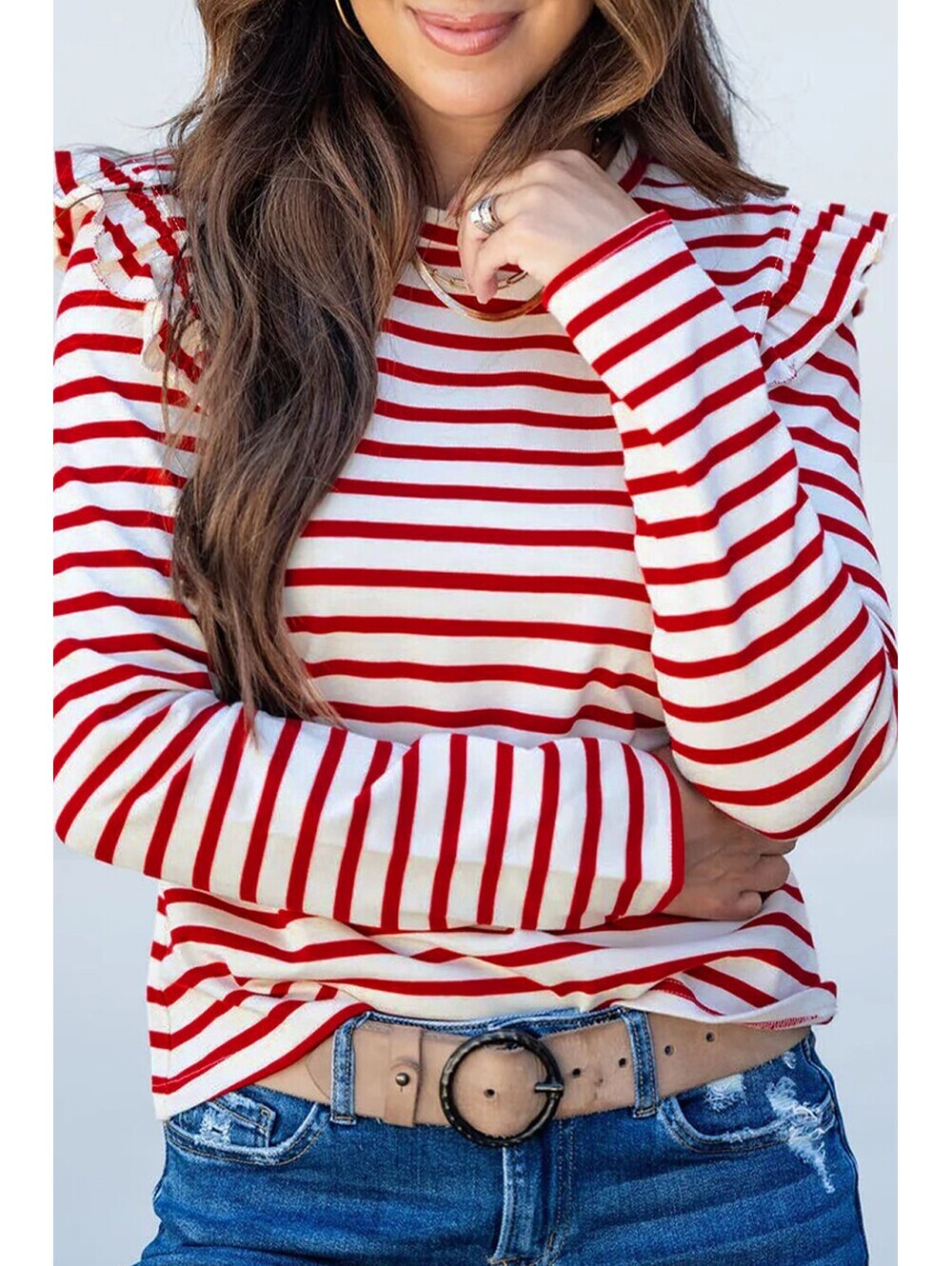 Women’s Red and White Striped Long Sleeve Ruffle Shoulder Top